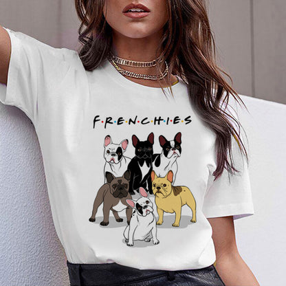 Color: B, Size: M - Cartoon Animal Cat And Dog Print Slim Round Neck Street Trendy Women's Shirt