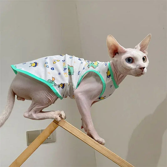 Color: Green, Size: XS, Ships From: CHINA - 1pc 2pcs 5pcs Cool feeling fabric Clothes for Sphynx Cat Cartoon T-Shirt for Kittens Summer Soft Green Dinosaur Vest for Devon